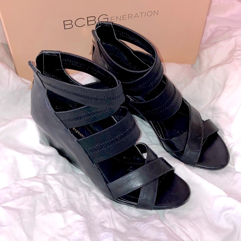 BCBGeneration Black Strappy Wedge Sandals